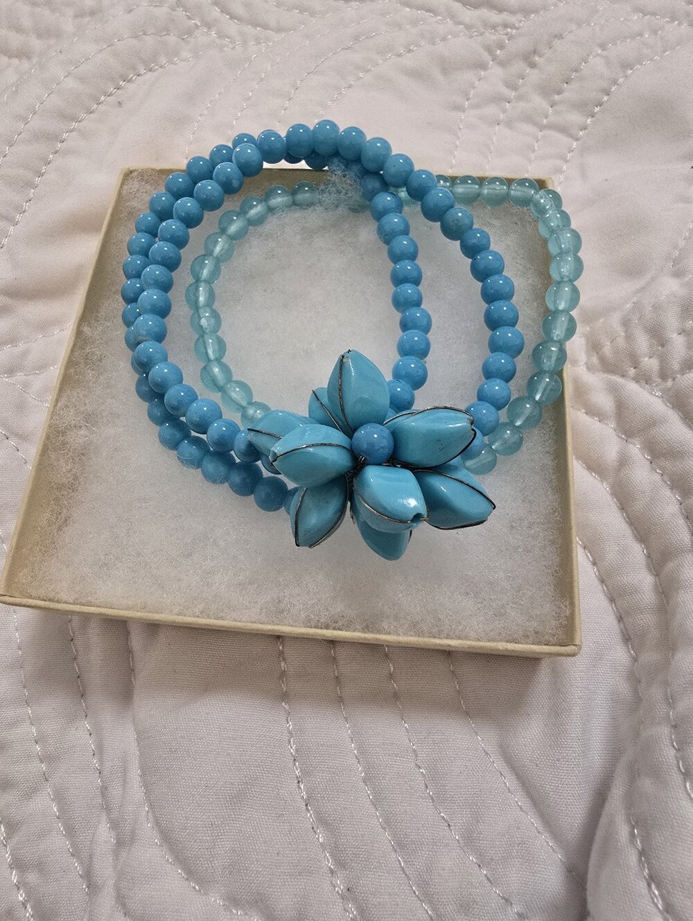 Vintage Blue Floral Beaded Stretch Bracelet - Women Jewelry